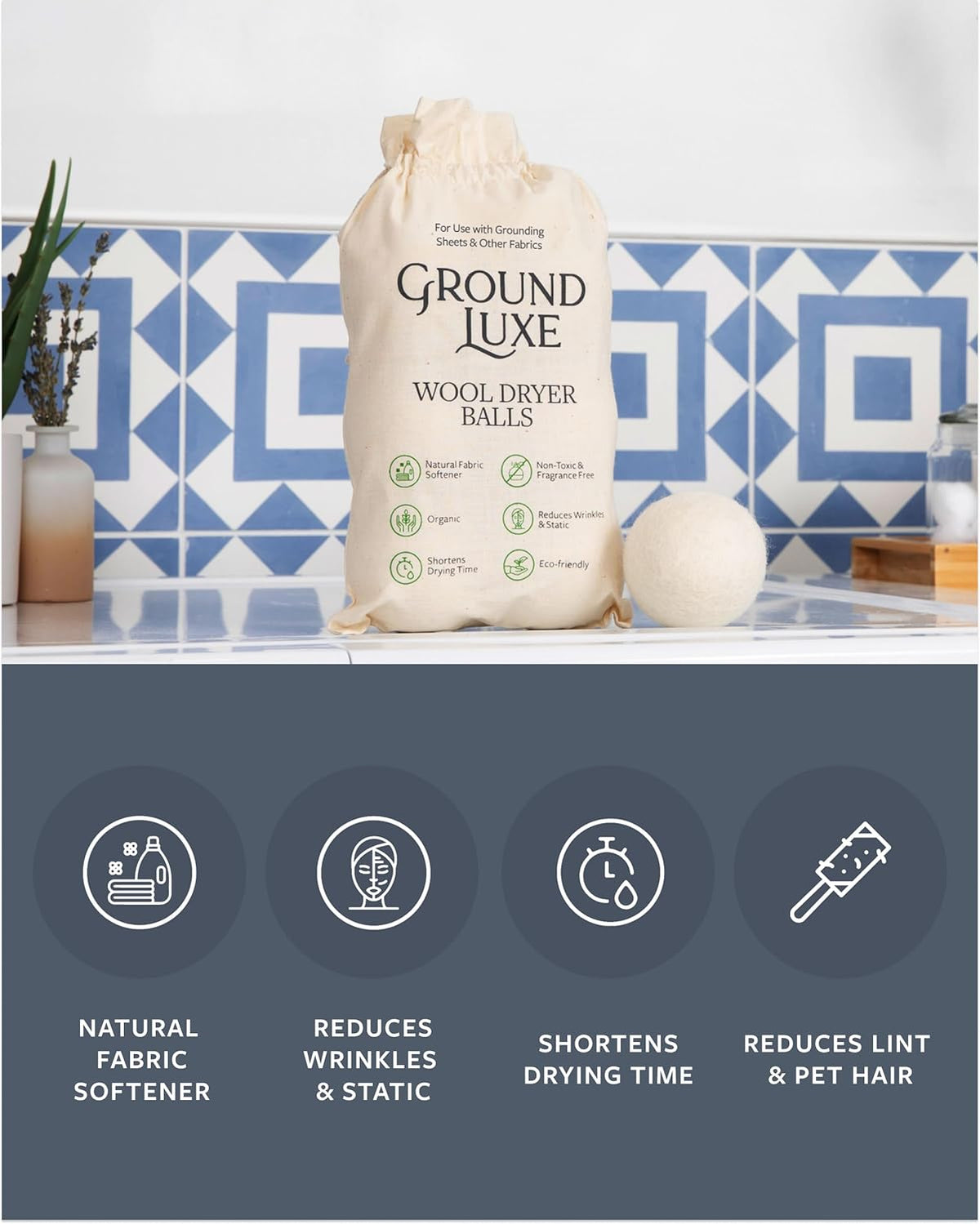 GroundLuxe Premium New Zealand Wool Dryer Balls - 6-Pack, 100% Organic, Hand-Felted, Reusable, Reduce Drying Time - Natural Fabric Softening, Wrinkle & Static Reduction