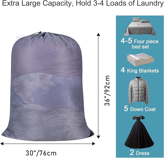 Polecasa Heavy Duty Extra Large Mesh Laundry Bags with ID Tag and Locking Drawstring Closure - 2 Pack, 30 x 36 inches - Laundry Hamper Liner, Washable Laundry Bag for Travel, Sports, Dorms (Grey)