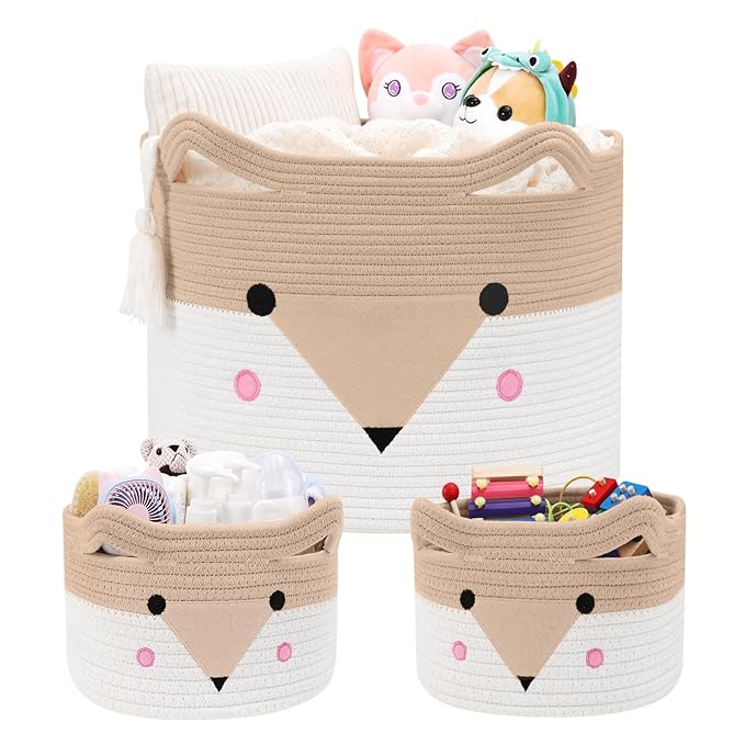 Large Baby Basket Toy Storage 3 Pack, (20"x13.8") Woven Baby Laundry Basket, Stuffed Animal Storage.
