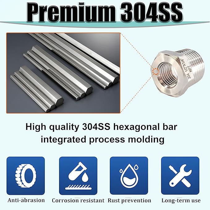 1" NPT Male to 3/4" NPT Female Hex Bushing Reducer, 304 Stainless Steel NPT Reducing Adapter Pipe Fitting, Heavy Duty Pipe Hex Bushing for Reducing Pipe (1” MNPT x 3/4” FNPT)