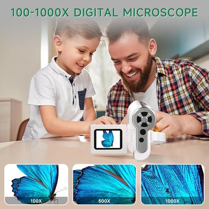 Microscope for Kids, [3-in-1] 1000X Handheld Mini Scope with 2" LCD Screen, Portable Miniscope for Kids 8-12 Halloween Christmas Birthday Edu Gifts, 32GB TF Card Included
