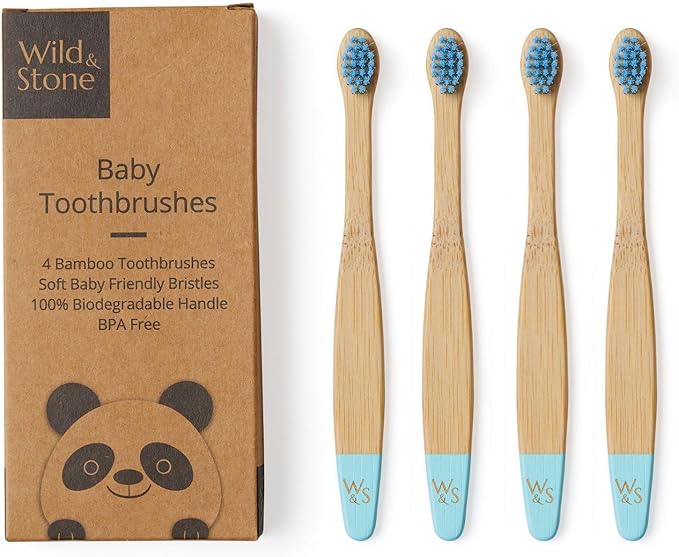 Wild & Stone Organic Baby Bamboo Toothbrushes | 4 Pack | Soft Bristles | 100% Compostable Handle | BPA Free | Vegan Baby Toothbrushes (Baby Blue)