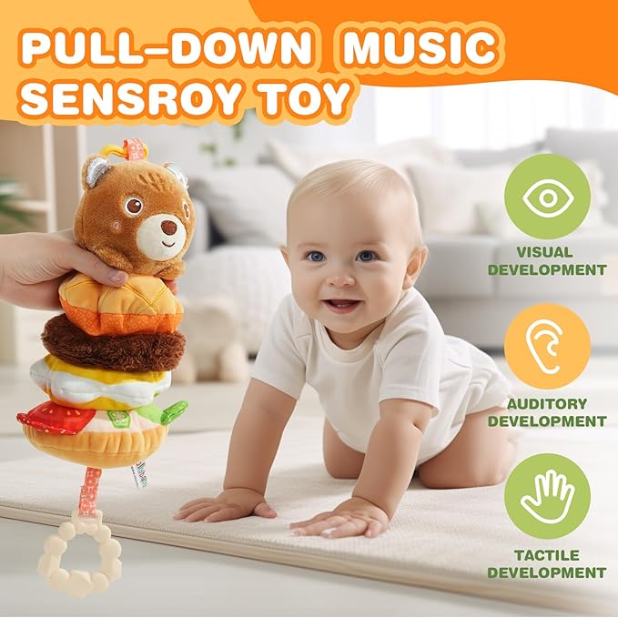 Jollybaby Baby Musical Pull String Hanging Toys for Stroller Car Seat Crib Play Gym, Plush Stuffed Hamburg Bear Toy for Carseat with Music Teether Crinkle, Sensory Toy for 0-6-12-18 Months Baby Gifts