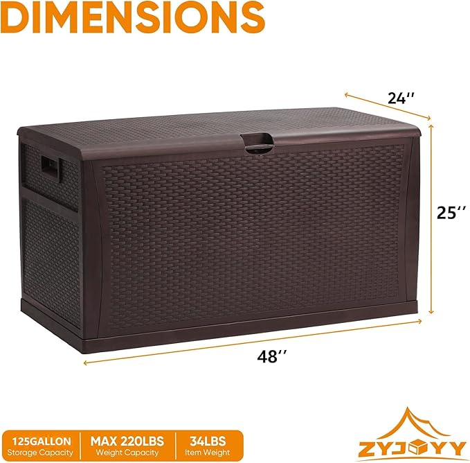 125 Gallon Resin Deck Box, Weatherproof Outdoor Storage Box for Patio, Garden, Pool, and Yard, Lockable Waterproof Bin for Tools, Cushions, and Accessories, Brown
