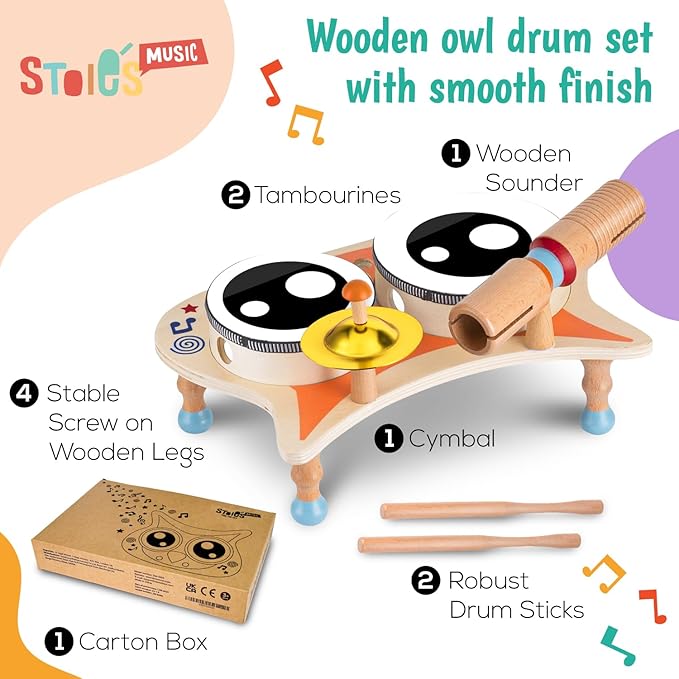 Stoie's Owl Drum Set for Babies and Toddlers 3-5 Years Old- Wooden Percussion Musical Instruments for Kids with Cymbals, Tambourines, Drumsticks, Durable, Safe to Play, Clear Sound, Easy-to asseble