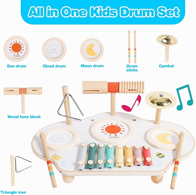 Kids Drum Set - 9 in 1 Baby Drum Set for Toddlers - Montessori Musical Instruments Toy for Babies - Wooden Xylophone Musical Toys for Boys and Girls