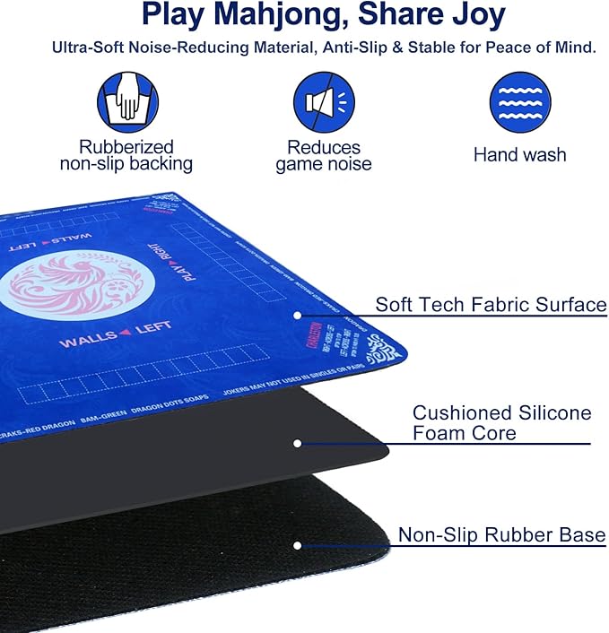 2025 Mahjong Mat, 31.5" x 31.5" Neoprene Mahjong Table Mat with Rules, Anti Slip & Noise Reduction Gaming Mat for Poker, Card, Dominoes, Board & Tile Games, Mahjong Gift with Carrying Bag - Blue
