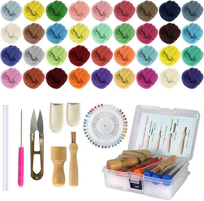 Needle Felting Kit, Needle Felting Wool Roving Set, Needle Felting Starter Kit Wool Felt Tools for Felting Wool DIY Craft Materials Needle Felting Supplies (36 Colors)