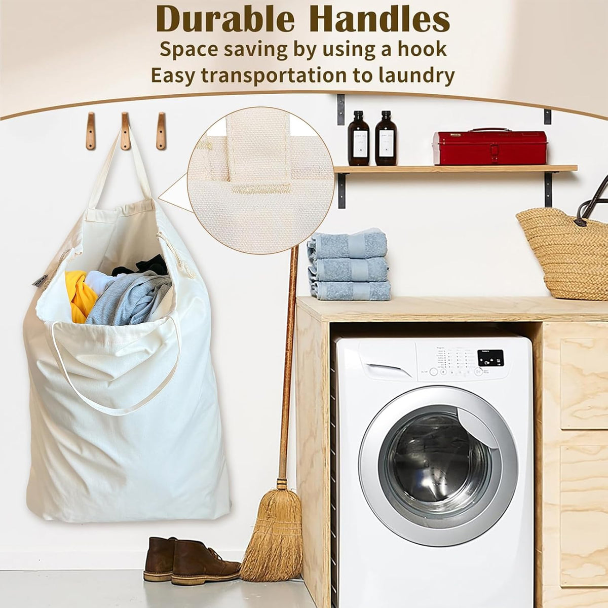 Canvas Laundry Bag with Handles & Drawstring Closure 27.5”x35", Thick Cotton Laundry Bag Heavy Duty Washable Dirty Clothes Travel Sack for Camp, College Dorm, Laundromat (Beige L, 2 Pack)