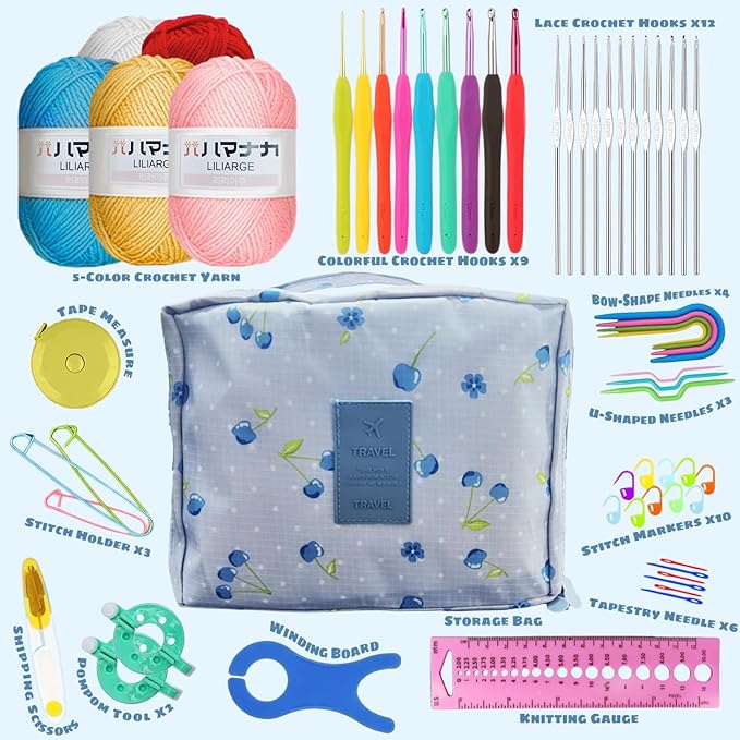 ARMINACO Crochet Kit for Beginners & Adults – 59pcs Complete Starter Set with Ergonomic Hooks (0.6-6.0mm), Yarn, Tools & Travel Bag – Craft Gift for Women, Teens & Seniors