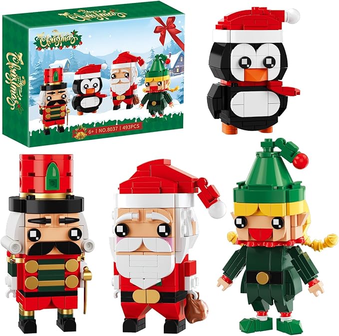 Christmas Building Blocks Santa Claus Nutcracker Elf Penguin Kit for Kids, Xmas Ornaments Bricks Set Figures Toy Gifts for Party Favors Goodie Bags Stuffers for Boys Girls 6 up