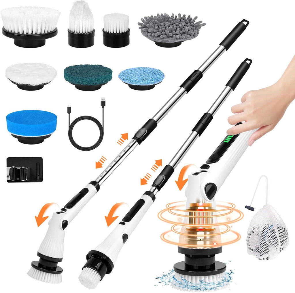 Electric Spin Scrubber, Cordless Cleaning Brush, 54" Extendable Handle Shower Cleaner Brush - 6 Adjustable Angles, 8 Brush Heads & 2 Speeds, Shower Scrubber for Bathroom Bathtub Tile Floor