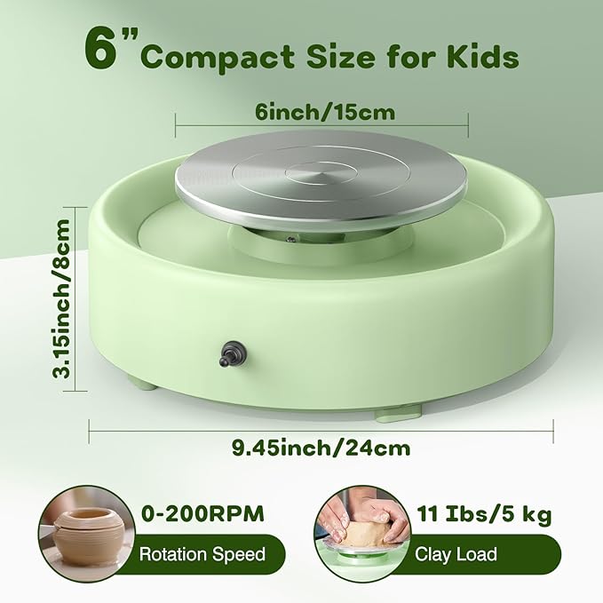 Alldeer Mini Pottery Wheel Machine - 6" Upgraded Clay Wheel for Beginners & Kids, 75W Motor, Adjustable Speed, Low Noise Ceramic Making Kit with 18PCS Sculpting Tools, Ideal for Home DIY (Green)