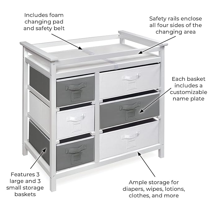 Badger Basket Modern Baby Changing Table - Diaper Station Organizer with 6 Storage Drawers, Reversible Baskets, Safety Rails - Baby Nursery Furniture with Changing Pad and Belt - White