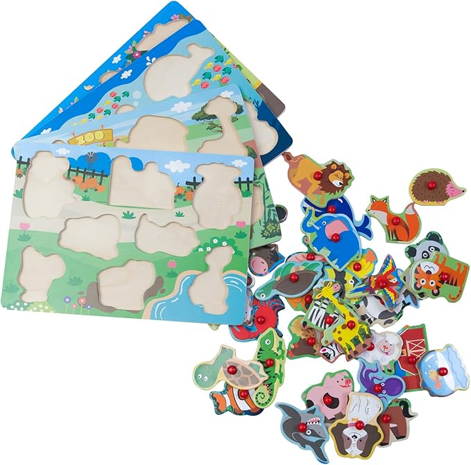 Peg Puzzle Set of 4 (32 pcs), Wooden Knob Puzzles for Toddlers Ages 1-3, Farm Zoo，Forest Animals, Pets, Sea Ocean Animals, Preschool Educational Cognitive Gifts