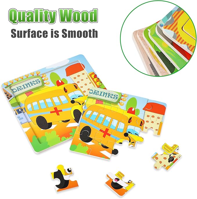 SANNIX 12 Pack Wooden Jigsaw Puzzles for Toddlers 3 4 5 Years Old, Party Favors Transportation Jigsaw for Kids, Educational Puzzles Travel Toy with 12 Organize Bags