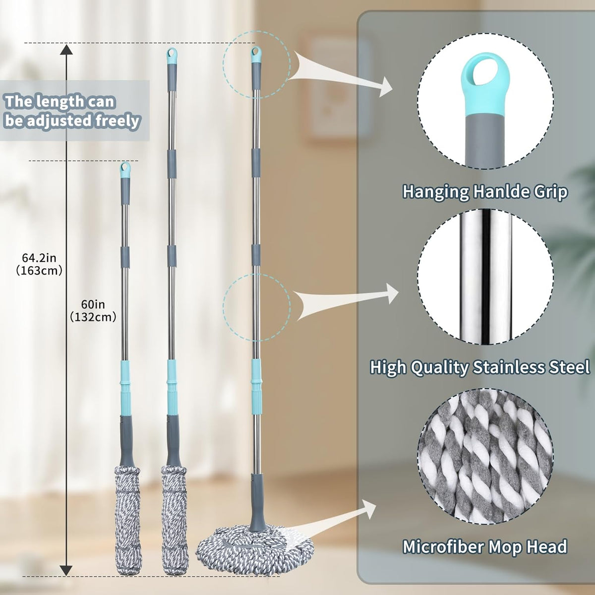 Self-Wringing Twist Mop for Floor Cleaning, Long Handled Microfiber Floor Mop with Top Scouring Pad for Kitchen, Hardwood, Restaurant, Bathroom, Garages, Warehouses, Office, 64-inch , Grey