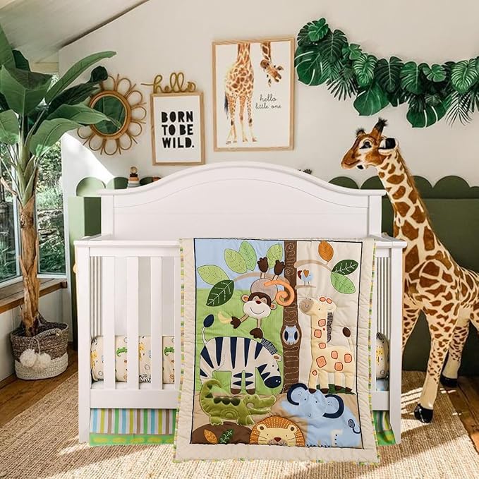 Brandream Jungle 3- Piece Nursery Crib Bedding Sets for Boys - Zebra Elephant Lion Monkey Giraffe Crocodile Birds - Playful Animal Zoo