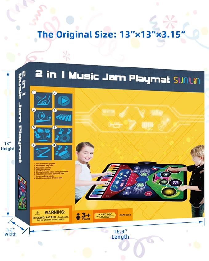 SUNLIN 2-in-1 Music Jam Mat, Music Learning Toy for Boys Girls 3-6, Drum Set + Piano Mat, Toddler Birthday Gift 3 4 5 6 Years, Record & Playback, Built-in Songs, 8 Instrument Sounds, Volume Control
