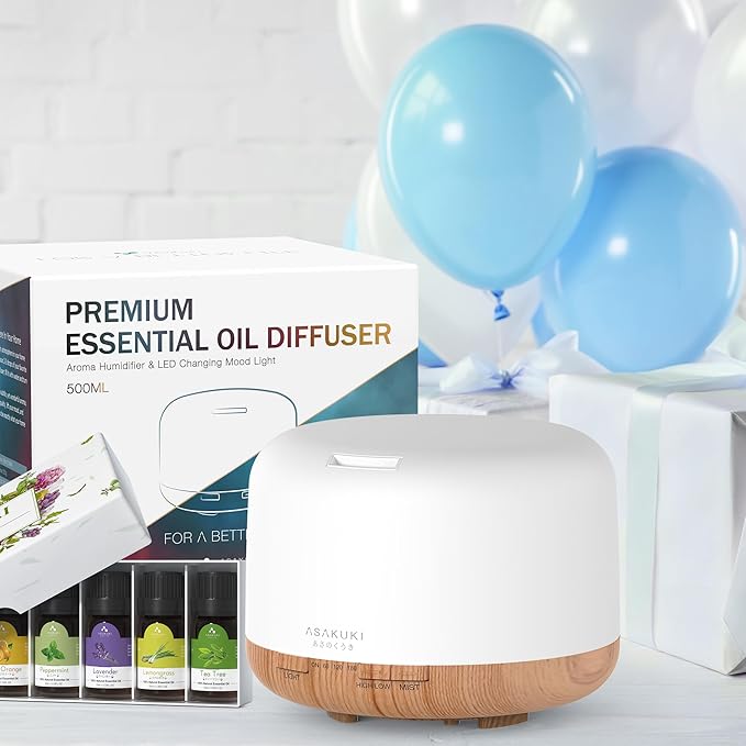 ASAKUKI Oil Diffuser with Essential Oils Set, 500ml Aromatherapy Humidifier with 14 LED Colors & Auto Shut-Off - 6 Oil Gift Pack(Lavender Eucalyptus Tea Tree Orange Peppermint Lemongrass)