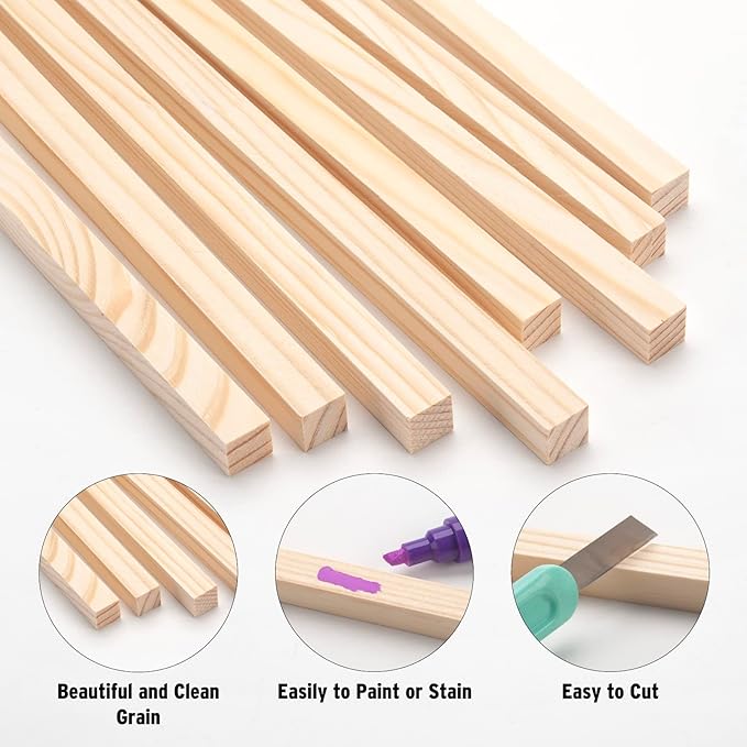 Square Wooden Dowel Rods, 10 PCS 5/8" x 15" Square Wood Dowels Wooden Sticks for Crafting, Unfinished Hardwood Pieces Wooden Strips for Woodworking, Crafts, Arts and DIYers, Home Decor, Model Making