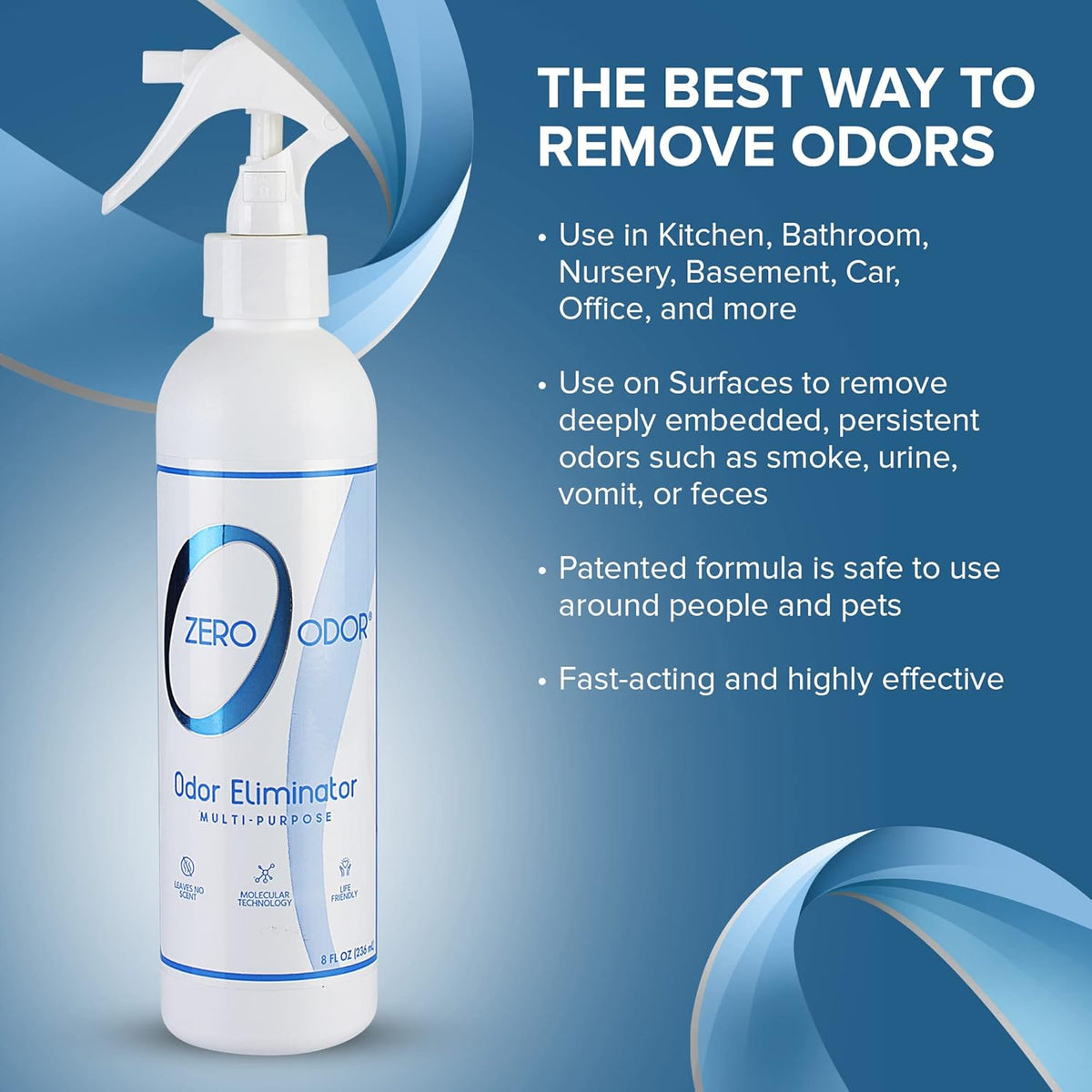 Zero Odor Multi-Purpose Odor Eliminator - Eliminate Air & Surface Odor – Patented Technology Best for Bathroom, Kitchen, Fabric, Closet- Smell Great Again, 8oz (Over 1000 Sprays)