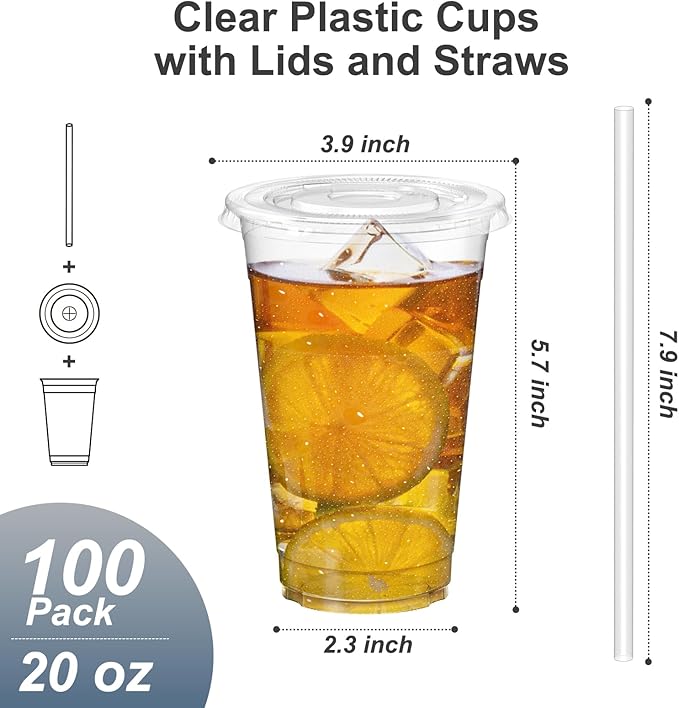 100 Pack - 20 oz Clear Plastic Cups with Lids and Straws, Sturdy & Food Safe Iced Coffee Cups with lids, Disposable Plastic Smoothie Cups for Cold Drinks
