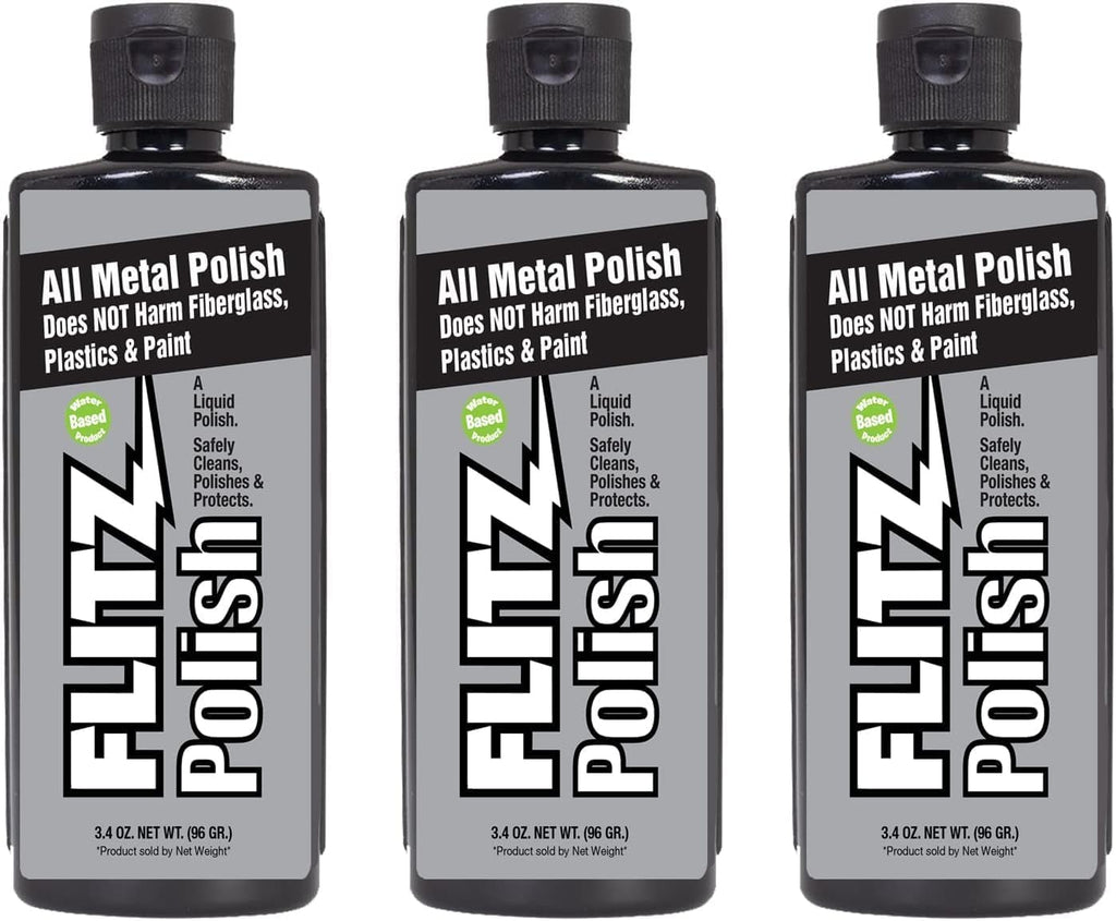 Flitz Multi Purpose Metal Polish Liquid - 3.4oz Bottle of USA-Made Tarnish Remover - For Aluminum, Chrome, Brass, Nickel, Silver - Non-Abrasive Metal Cleaner and Polish, Restorer (3 Pack)