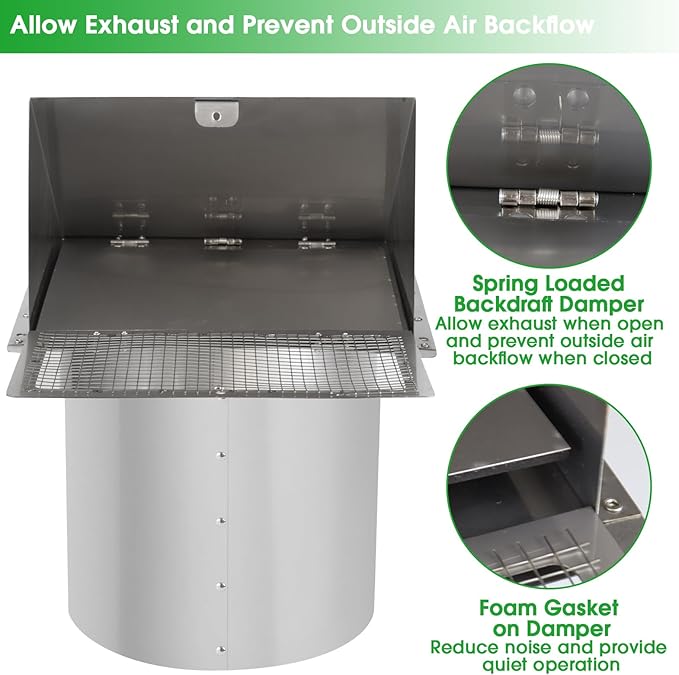 8 Inch Wall Vent,Hooded Wall Vent with Screen and Damper,Outdoor Wall Exhaust Vent Cover Exterior Wall Mount Cap for Kitchen Range Hood HVAC Duct Dryer Air Ventilation,Stainless Steel
