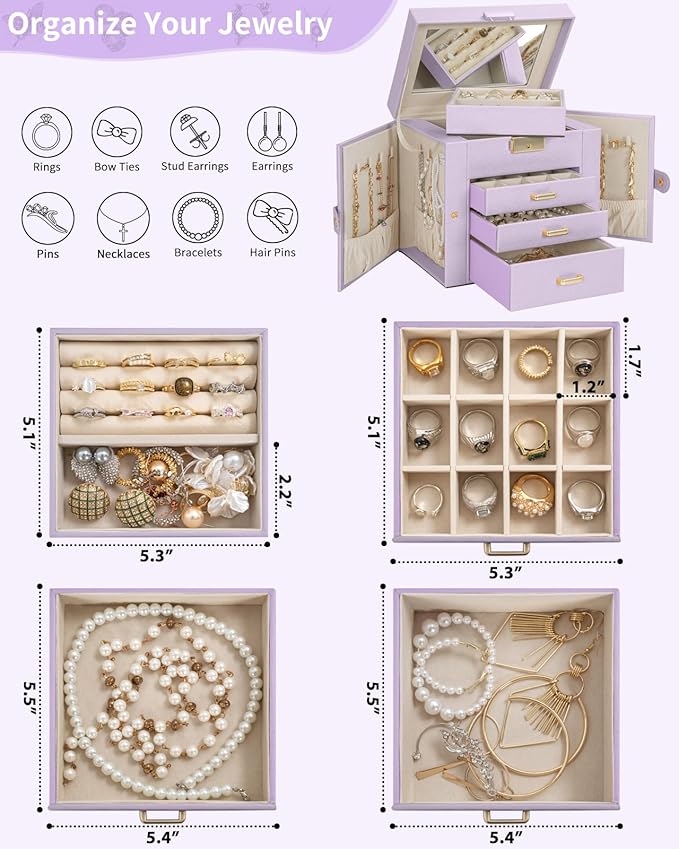 AKOZLIN 4-Tier Jewelry Box Leather Jewelry Storage Organizer with 3 Drawers Lockable for Women Girls Ring Necklace Earring Bracelet Holder with Mirror Purple
