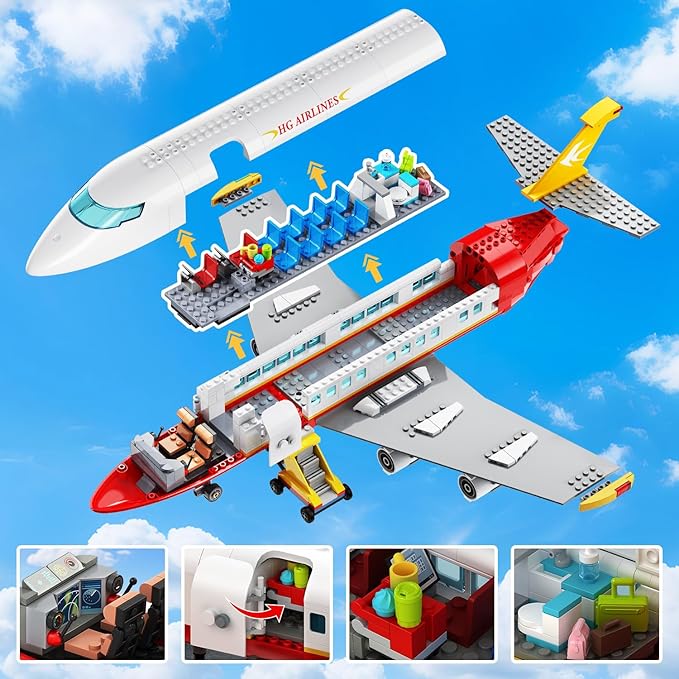 HOGOKIDS 2 Style City Airplane Building Set with LED Light - Large Plane Building Blocks Switch Passenger & Cargo Projectile Toy with 3 Cars, Planes Model Toys Gifts for Adults Boys Girls Age 6-12+