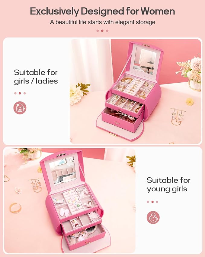 Homde Girls Jewelry Box Jewelry Storage Case Organizer with Mirror for Rings, Earrings, Bracelets, Necklaces (Pink + Gold)