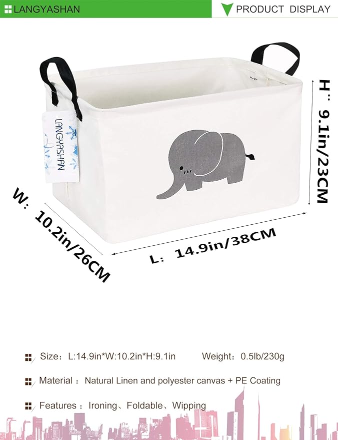 LANGYASHAN Rectangular Storage Bin Collapse Canvas Fabric Cartoon Storage Basket with Handles for Organizing Home Kitchen Boys and Girls Toys Office Closet Shelf Baskets (REC Elephant)