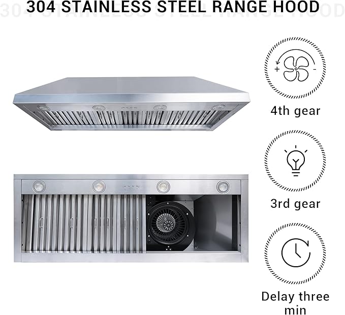 CHETTO C Stainless Steel Range Hood Cover with 4-Speed Vent Hood Insert Custom Handcrafted Metal Kitchen Fan with Towel Rack LED Light 42"W x27"D x42"H White Island Mount