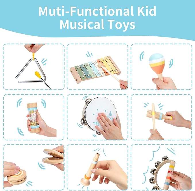 Baby Musical Instruments Set Wooden Montessori Toys for Toddlers 1-3 Percussion Instruments Set Modern Boho Music Toys for Kids Preschool Educational.