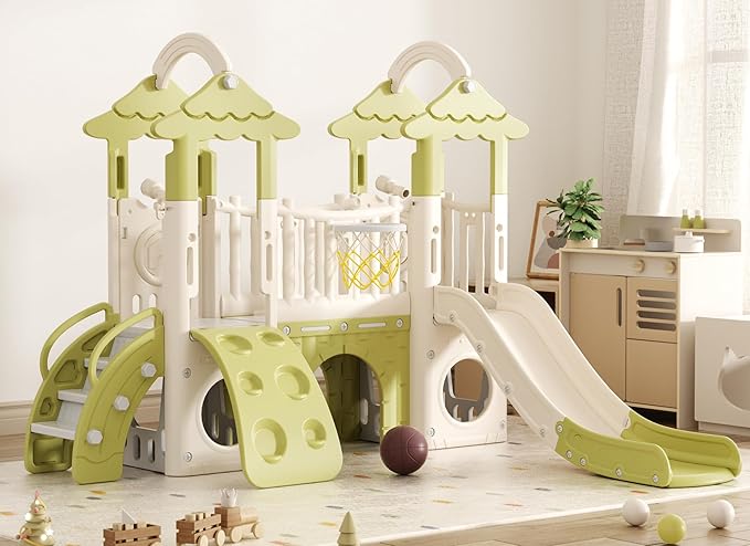 XJD 9 in 1 Toddler Slide, Jungle Slide with Basketball Hoop, Tunnel and Storage Space, Outdoor Indoor for Toddlers Age 1+,Tree House Design Toddlers Outdoor Indoor Playground (Green)