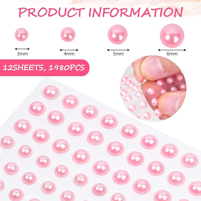2000+pcs 12 Sheets Self Adhesive Pearl Stickers for Hair, Face, Makeup, Eye, Nail, Crafts, 3mm, 4mm, 5mm, 6mm (Pink)