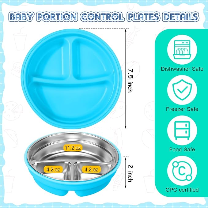 Nuogo 3 Pcs Stainless Steel Baby Suction Plates with Removable Silicone Shell 2-in-1 Metal Toddler Bowl Divided for Picky Eaters Kid Feeding Led Weaning Supply, Dishwasher Safe (Blue Series)