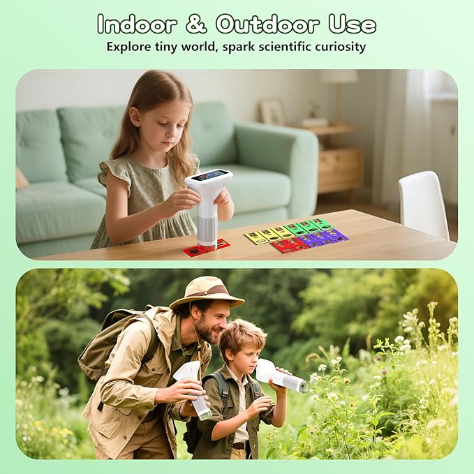 Microscope for Kids with 12 Slides, 100X-1000X 1080P Digital Handheld Kids Microscope, Mini Portable Pocket Miniscope Science Toys Gifts for 3+ 4 5 6 7 8 9 10 11 12 Year Old Boys Girls, White