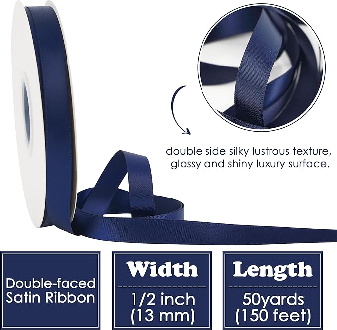 HUIHUANG Navy Satin Ribbon 1/2 inch X 50 Yards Continuous, Navy Blue Double-Faced Satin Ribbon for Gift Wrapping, Bows, DIY Crafts, Flower Bouquet, Wedding Decor, Holiday Party Decor