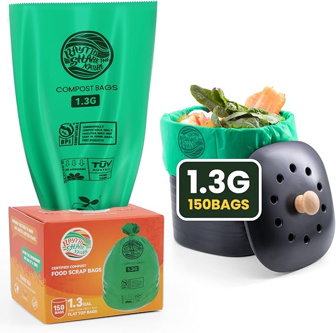 Compost Bags 1.3 Gallon,150 Count,Compostable Small Trash Bags for Kitchen Countertop Compost Bin 0.75, 1,1.2, 1.3Gallon,ASTM D6400, US BPI and Europe OK compost HOME certified