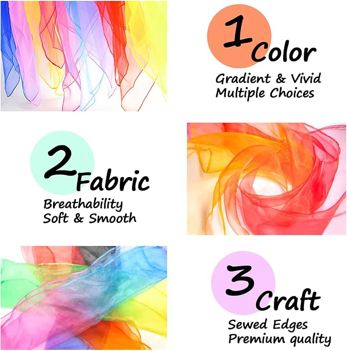 Novelty Place 12 Pcs Dance and Juggling Scarves - Gradient Colors Silk Square Scarf with Hemmed Edges - Easy Clean Ideal Performance Props Accessories(24" x 24")