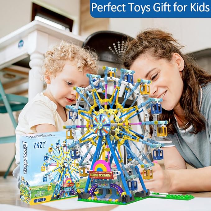 Upgrade Rotating Ferris Wheel Building Blocks Set Toys for Kids with Light Carnival Amusement Park Construction Kits Birthday Halloween for Boys Girls（813pcs）