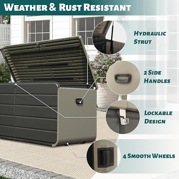 Domi 160 Gallon Outdoor Storage Box – Waterproof, UV-Resistant Deck Box with Lockable Lid for Patio Furniture, Garden Tools, Delivery Packages (Large Resin Storage Bin）