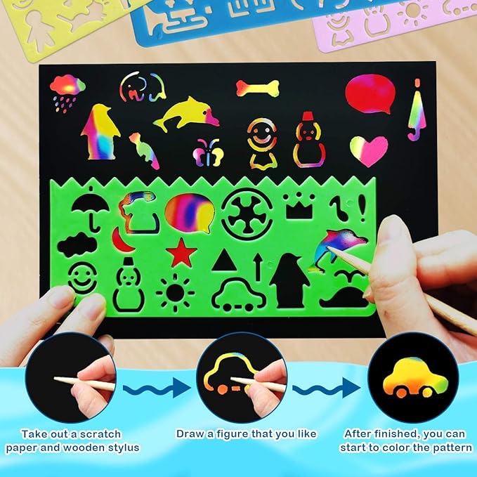 RMJOY Rainbow Scratch Paper Art for Kids: 60PCS Magic Arts Crafts Gifts Toys for Girls Boys Ages 4 5 6 7 8 9 Games Activities for Birthday Family Fathers Day Christmas Stocking Stuffers Easter(Boys)