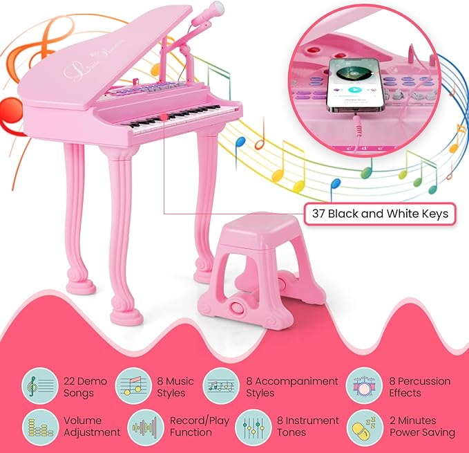 HONEY JOY Classical Kids Mini Grand Piano, 37-Key Electronic Piano with Music Stand & Stool, Portable Musical Instrument Toy for Kids (Pink, 37 Keys)