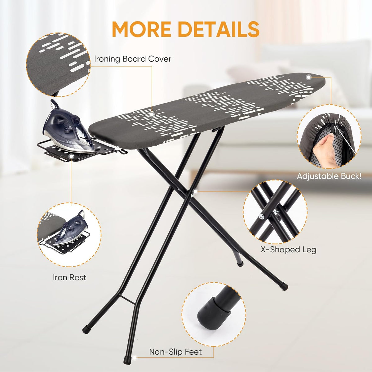 Deluxe Ironing Board with Heat Resistant Cover and Thicken Felt Pad, Safety Iron Rest, 4 Premium Steel Legs, Height Adjustable,Foldable