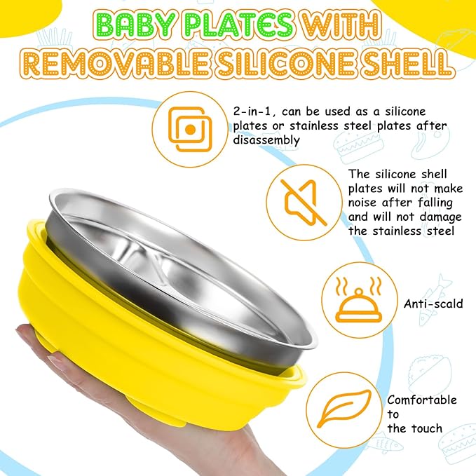 Nuogo 2 Pcs Stainless Steel Baby Suction Plates with Removable Silicone Shell 2-in-1 Metal Toddler Bowl Divided for Picky Eaters Kids Feeding Led Weaning Supplies, Dishwasher Safe (Yellow,Orange)