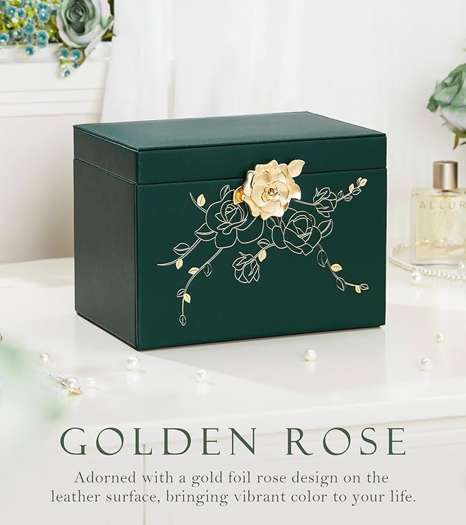 Jewelry Box with Lock for Girls: Jewelry Organizer for Dresser - 3-Drawer Earrings Storage Girls Women Gift (Dark Green)