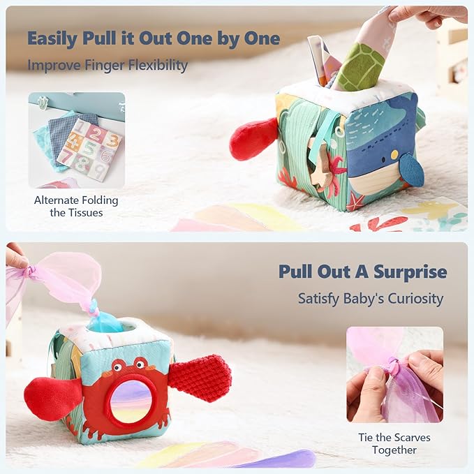 Baby Tissue Box Toy, Montessori Sensory Toys for 6-12 Months, 6 Month Old Baby Must Haves, with Crinkle Paper, Silk Scarves, Safety Mirror, Perfect Early Learning Gift